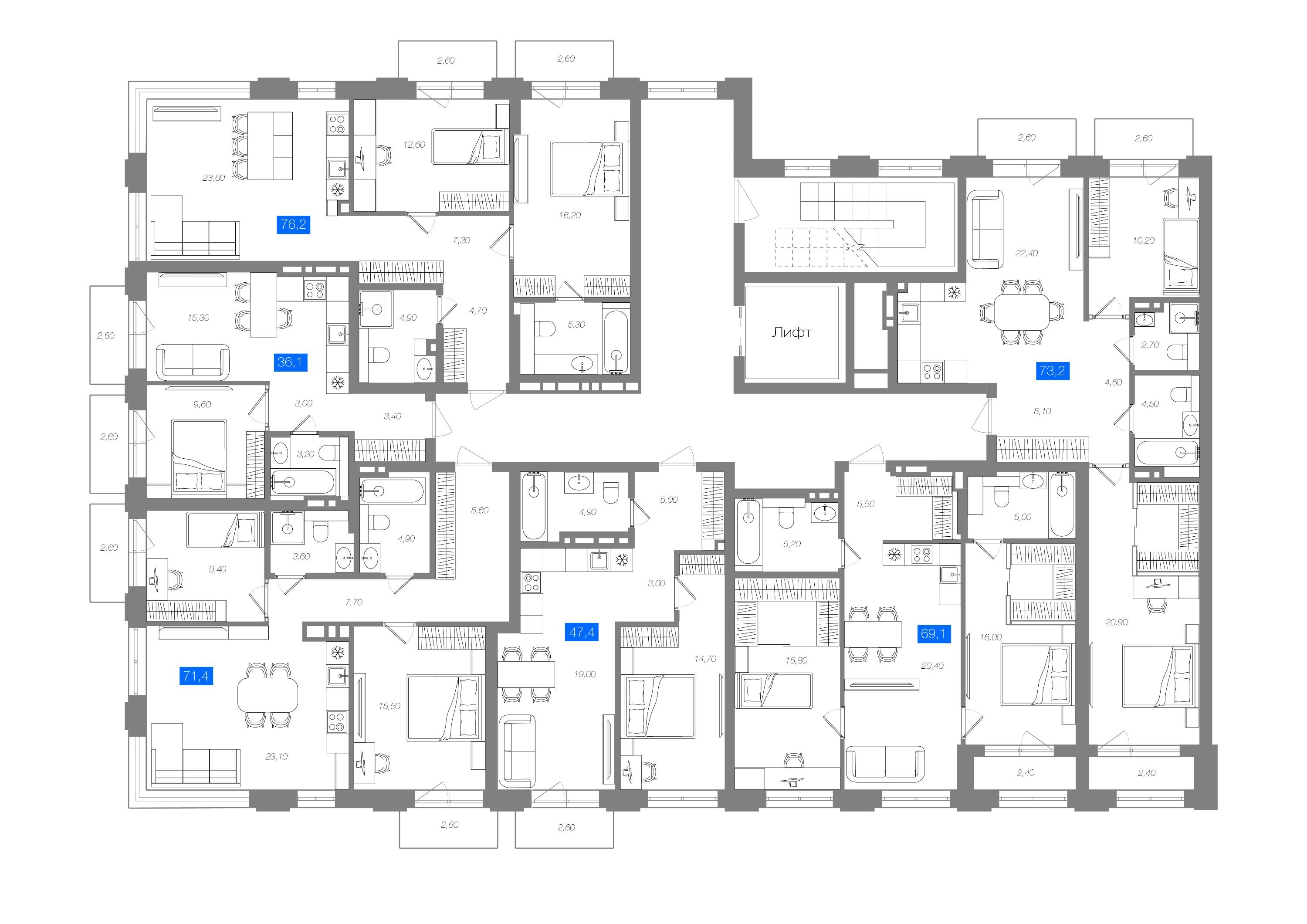 2-комнатная 73,2 м²