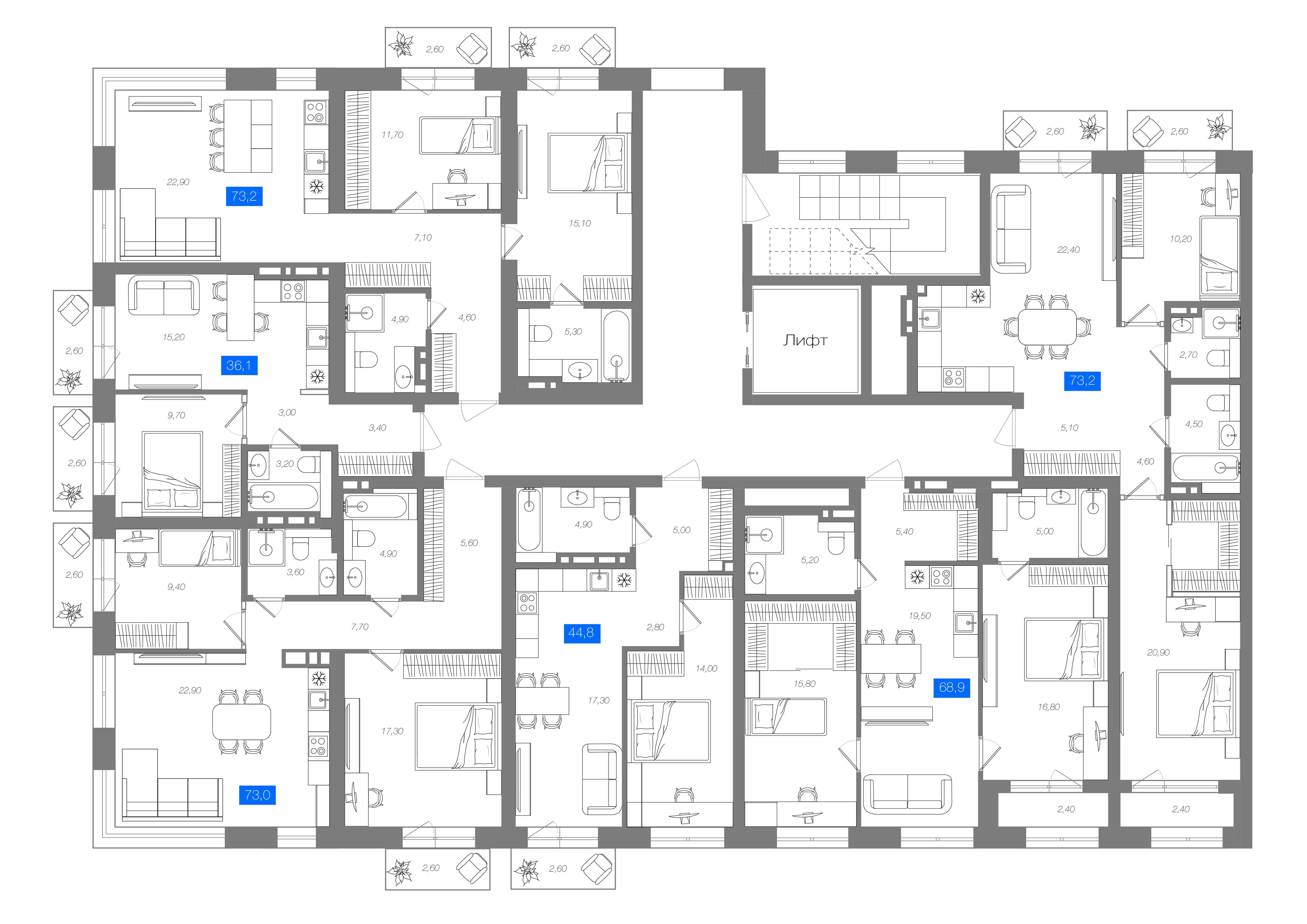 2-комнатная 73,2 м²