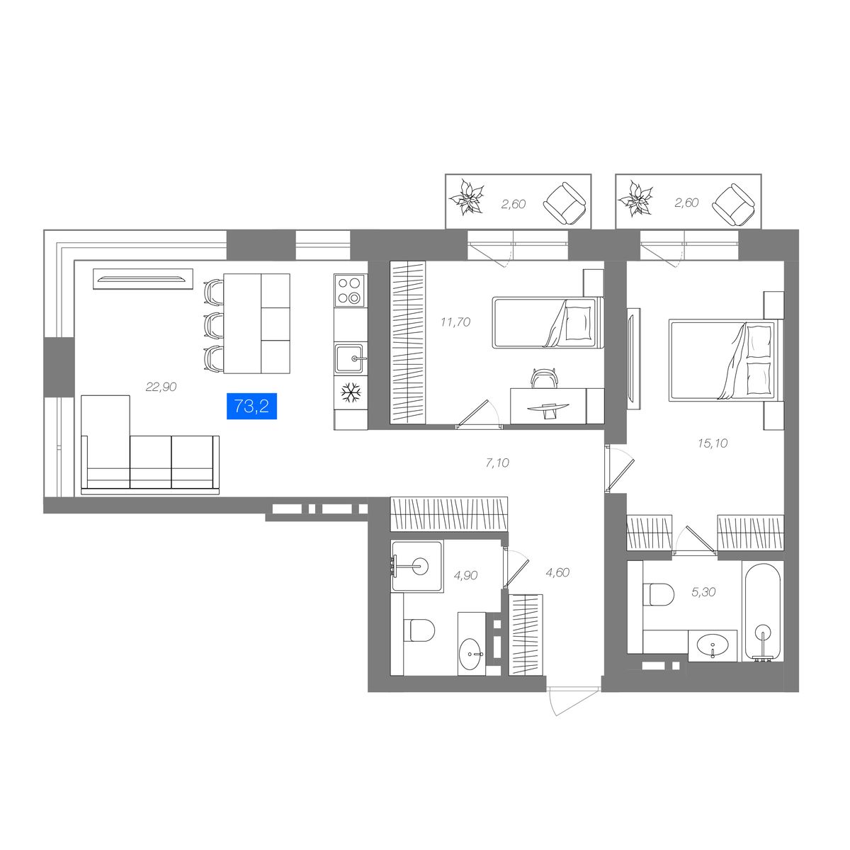 2-комнатная 73,2 м²