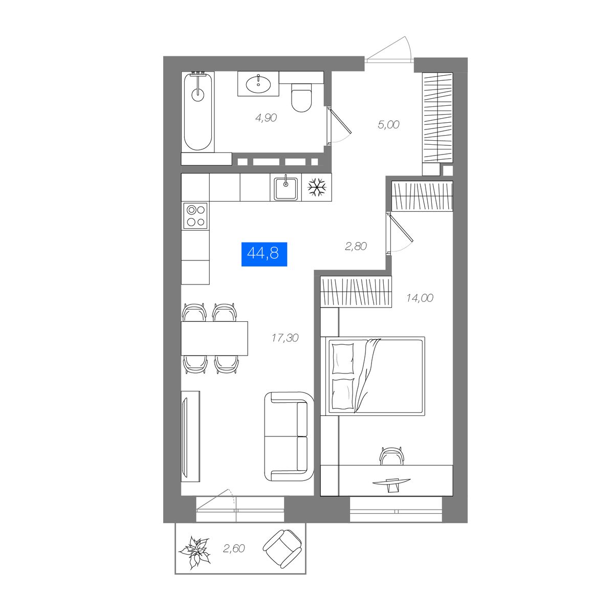 1-комнатная 44,8 м²