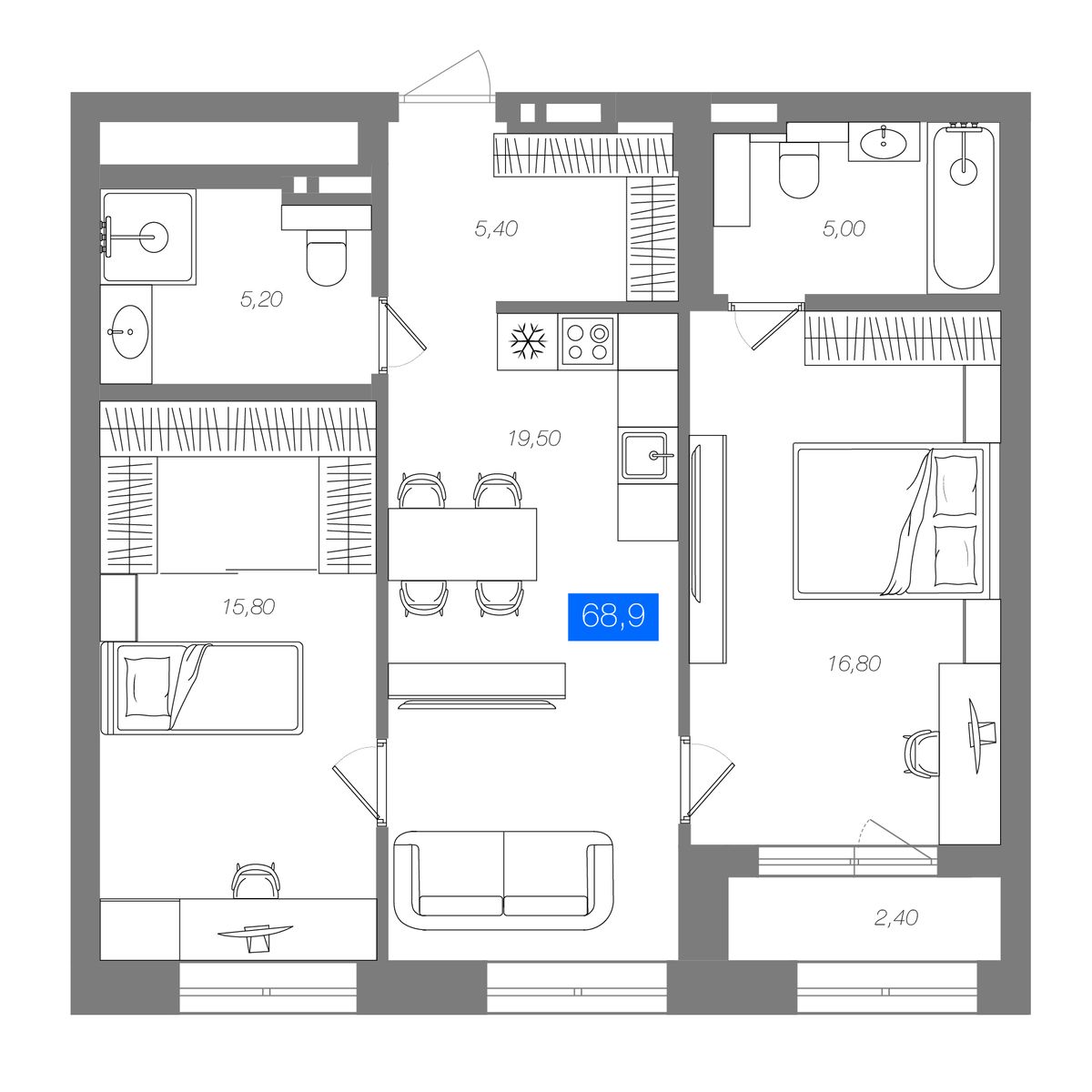 2-комнатная 68,9 м²
