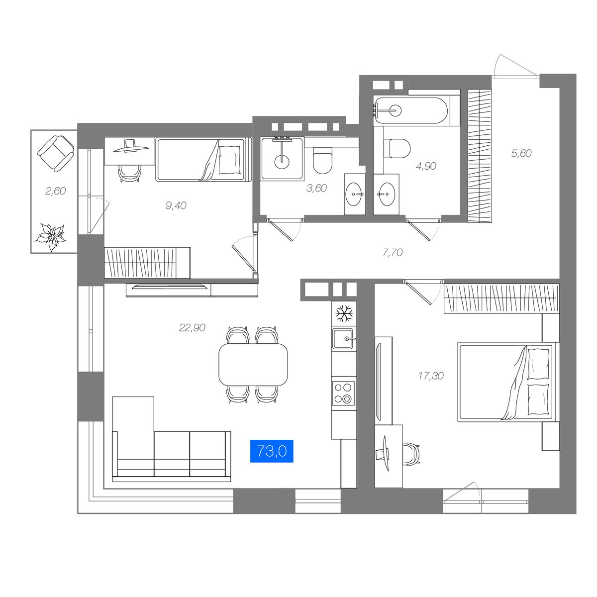 2-комнатная 73 м²