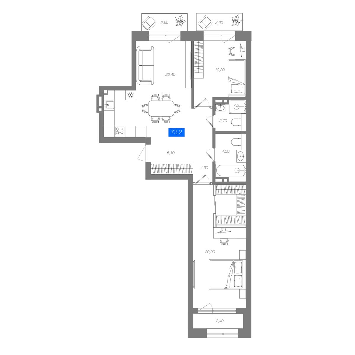 2-комнатная 73,2 м²