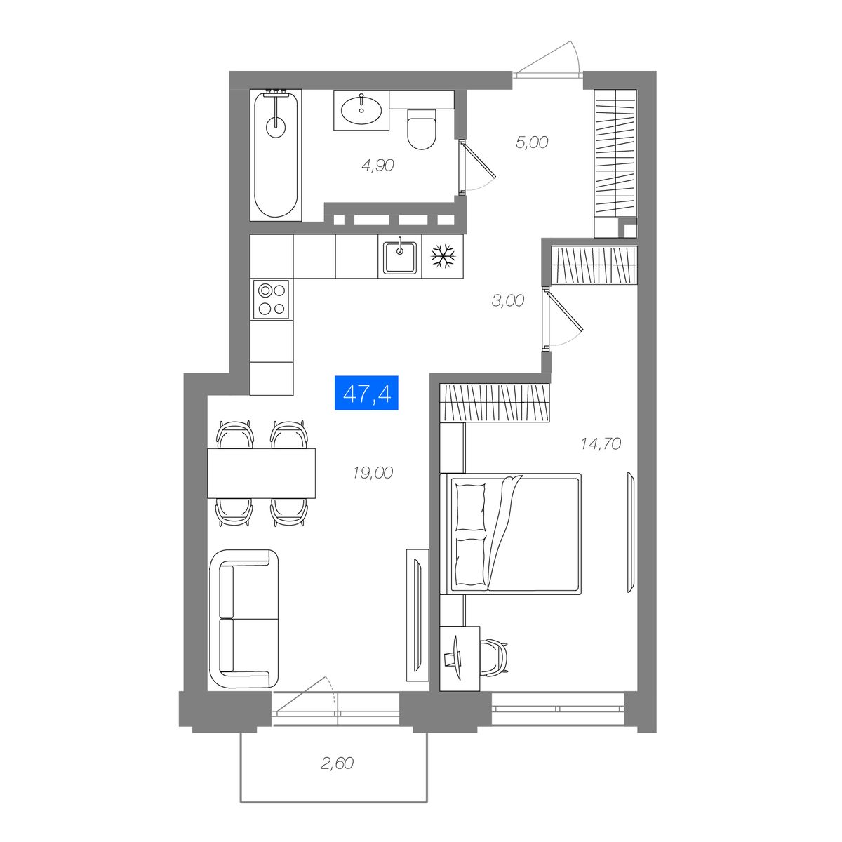 1-комнатная 47,4 м²