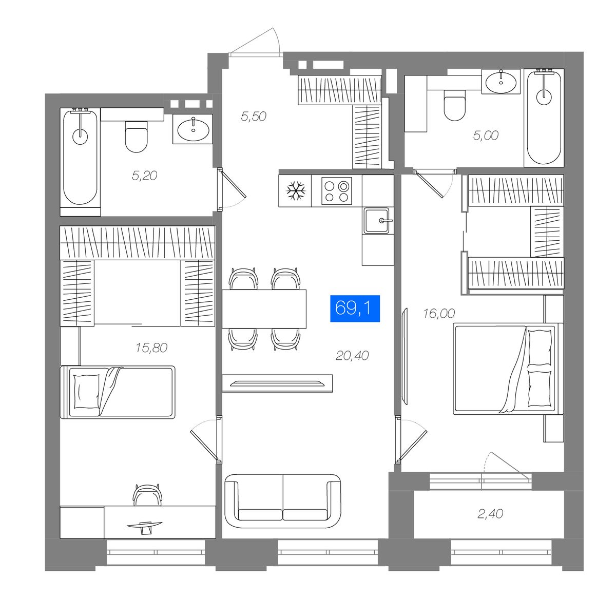 2-комнатная 69,1 м²