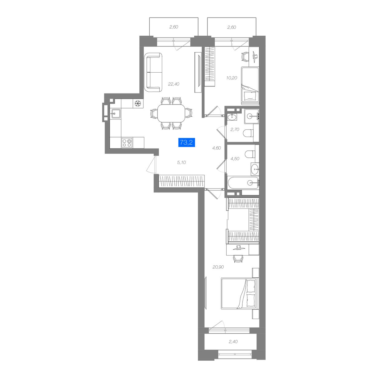 2-комнатная 73,2 м²