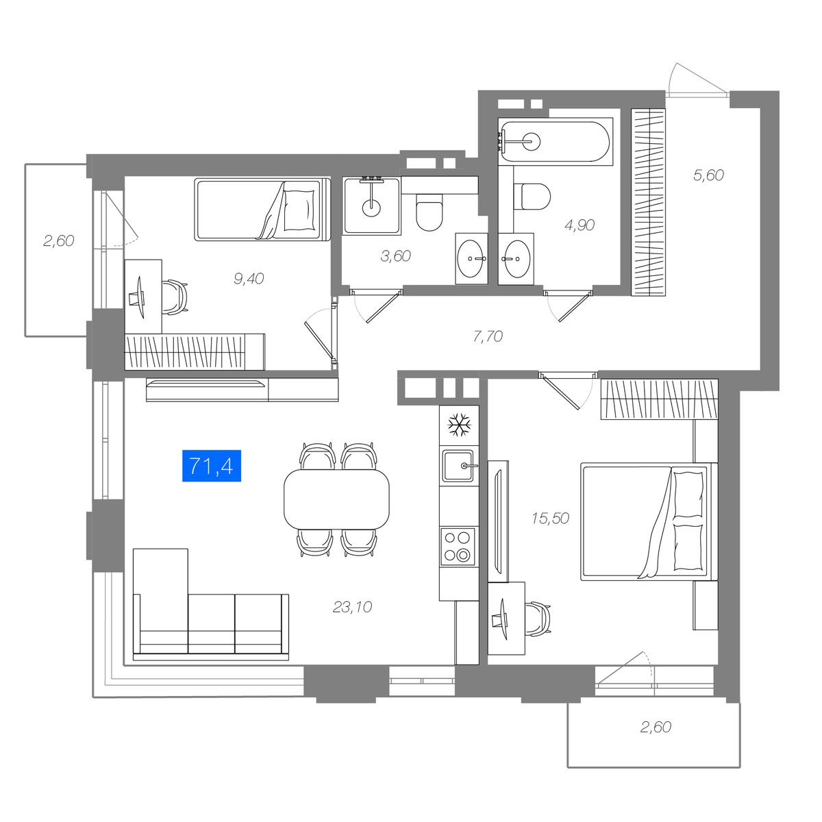 2-комнатная 71,4 м²