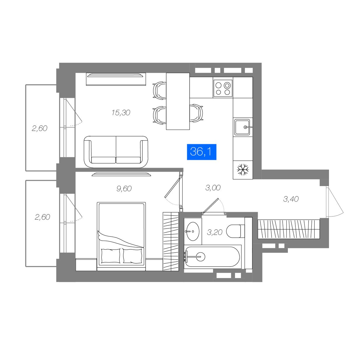 1-комнатная 36,1 м²