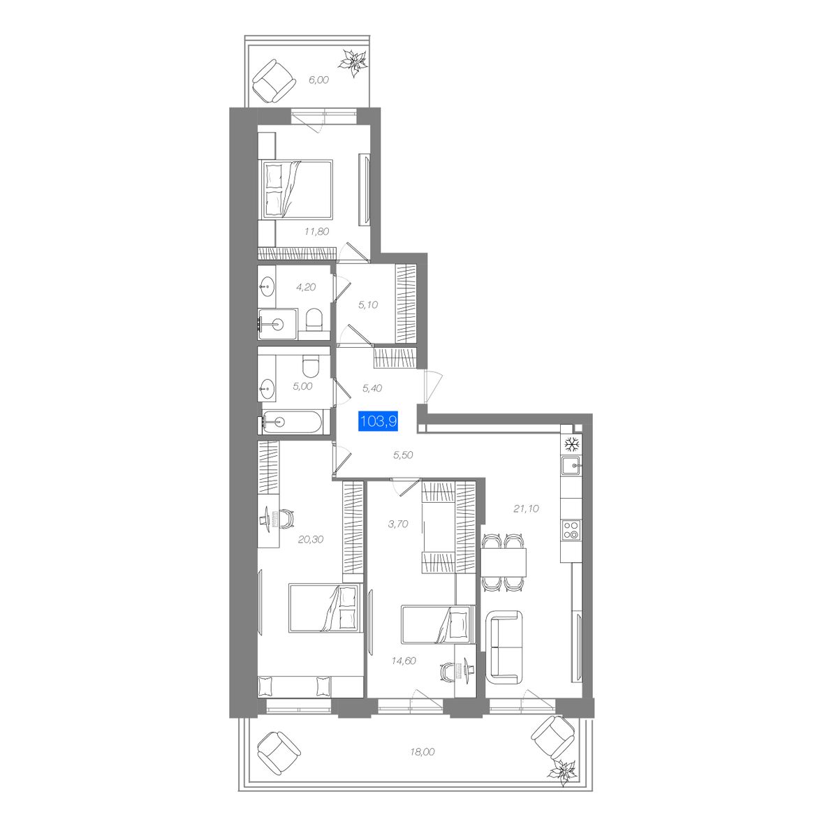 3-комнатная 103,9 м²