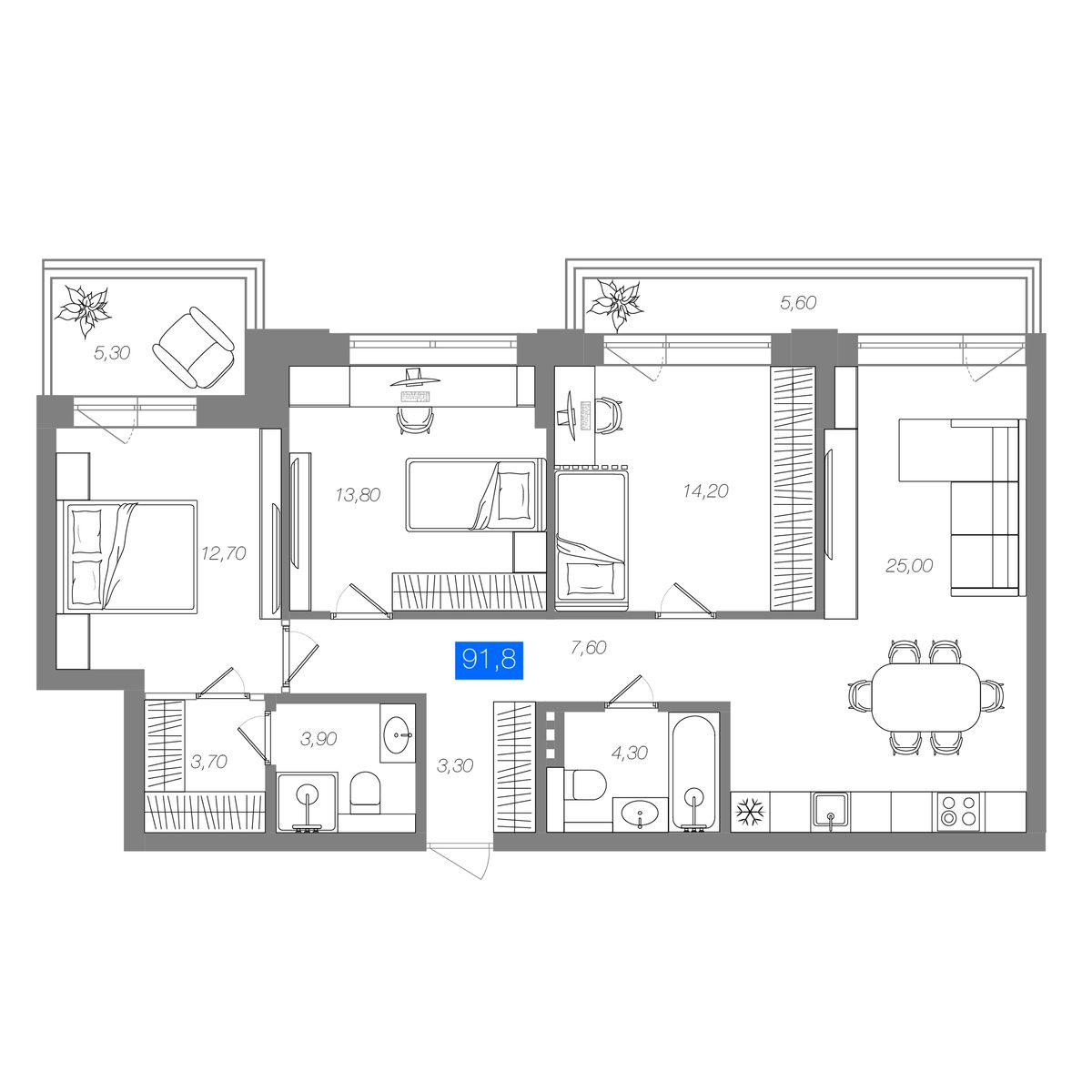 3-комнатная 91,8 м²