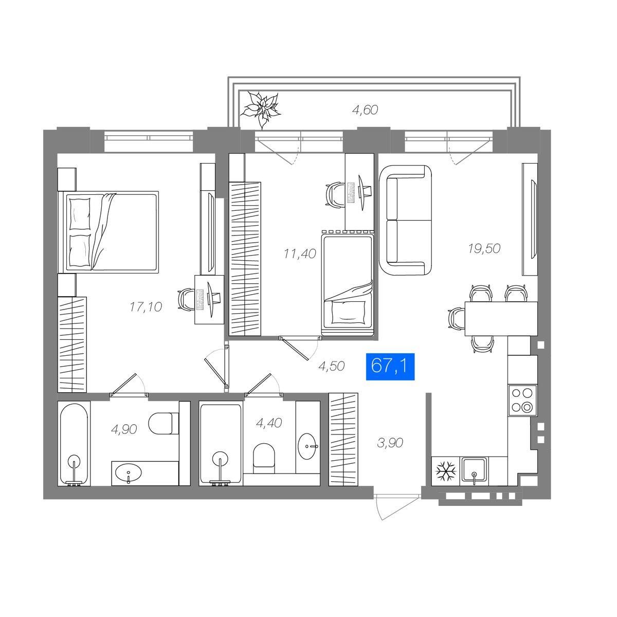 2-комнатная 67,1 м²
