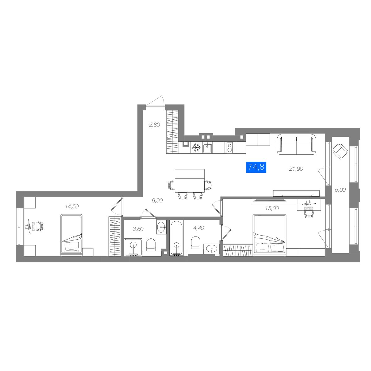 2-комнатная 74,8 м²