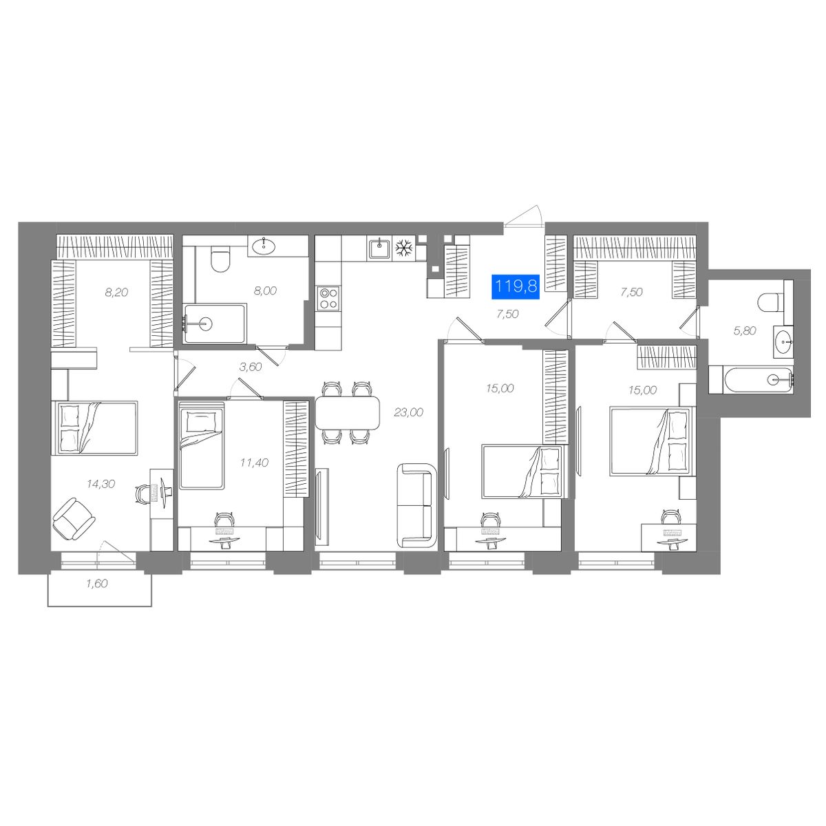3-комнатная 119,8 м²