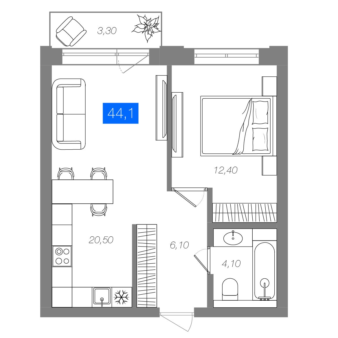1-комнатная 44,1 м²