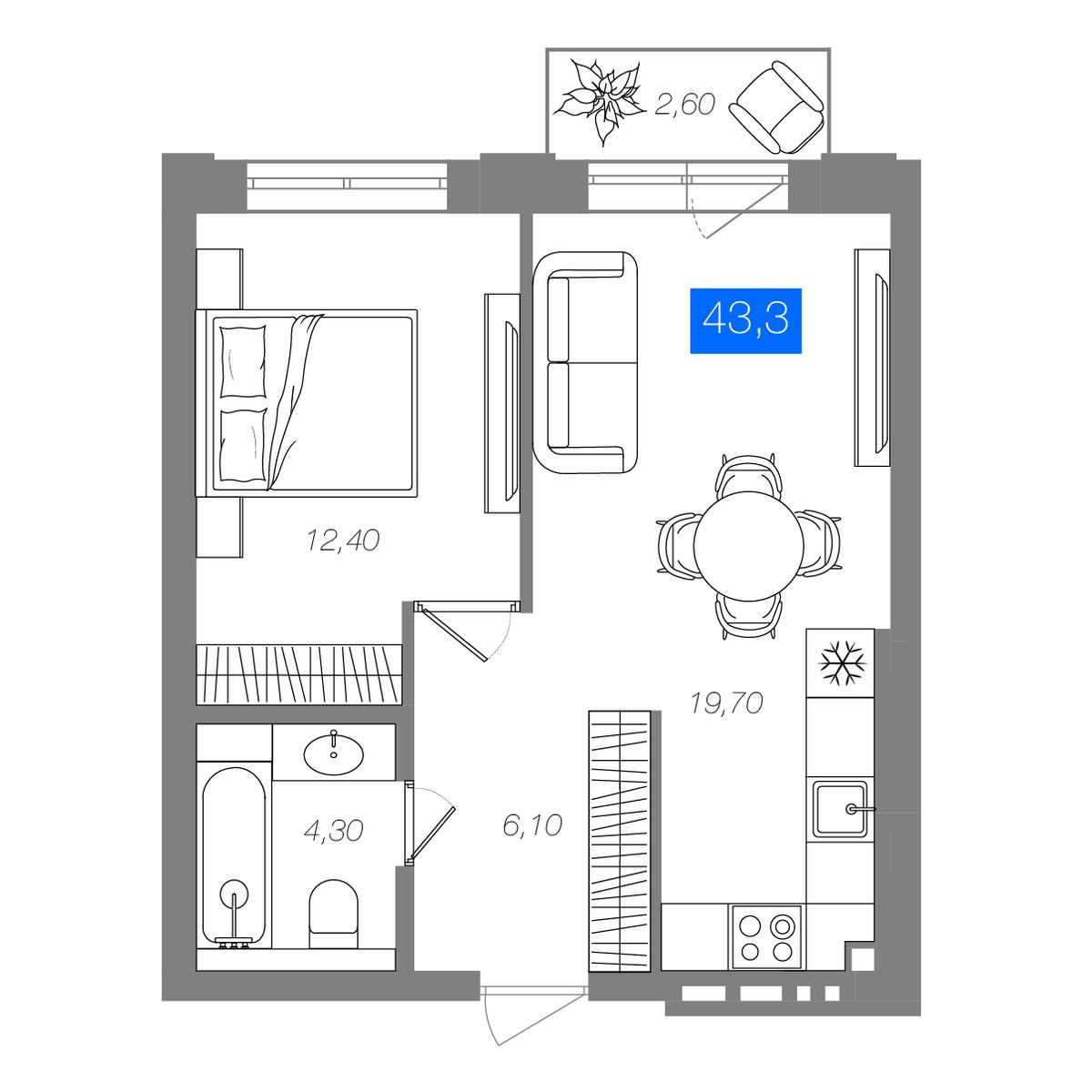 1-комнатная 43,3 м²