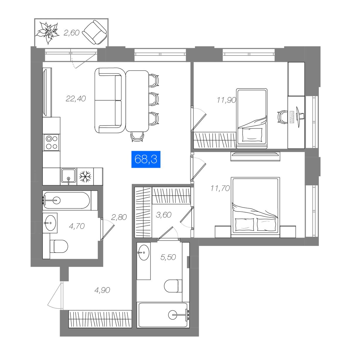 2-комнатная 68,3 м²