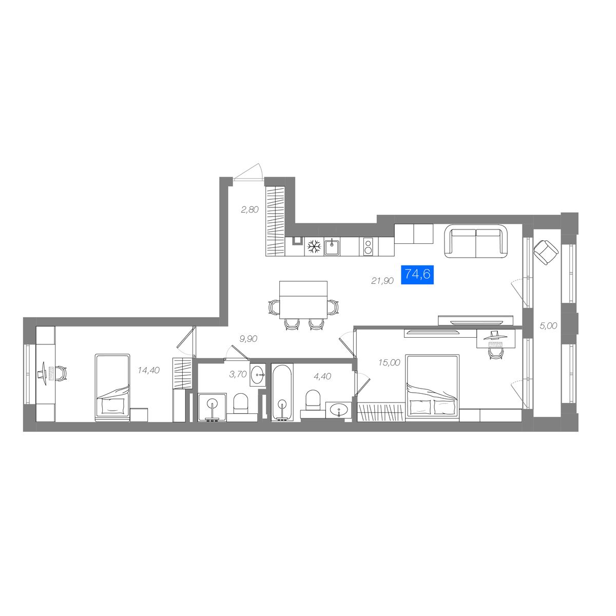 2-комнатная 74,6 м²