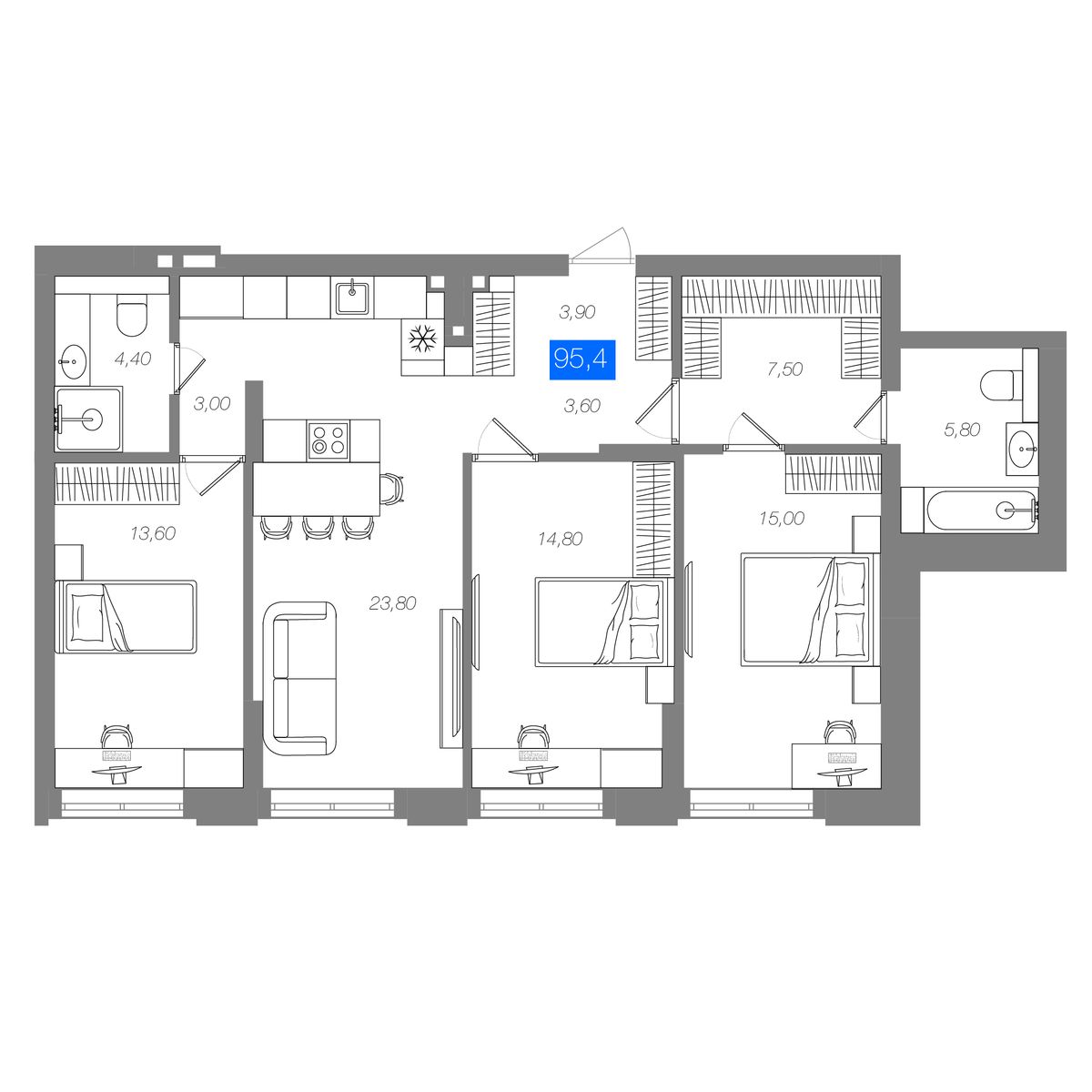 3-комнатная 95,4 м²