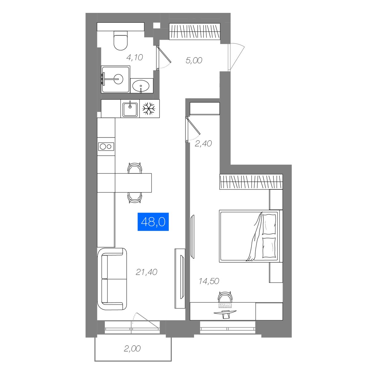 1-комнатная 48 м²