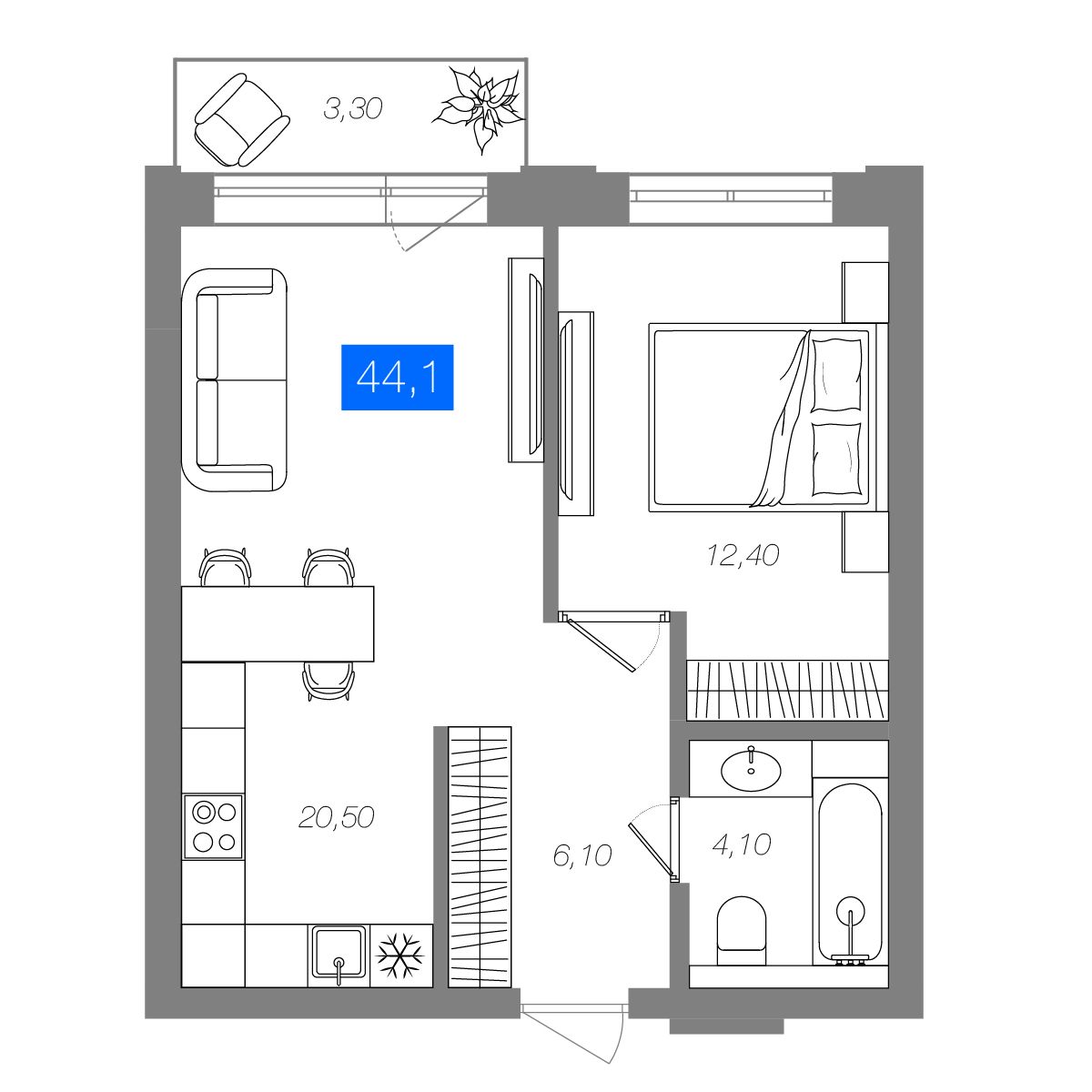 1-комнатная 44,1 м²
