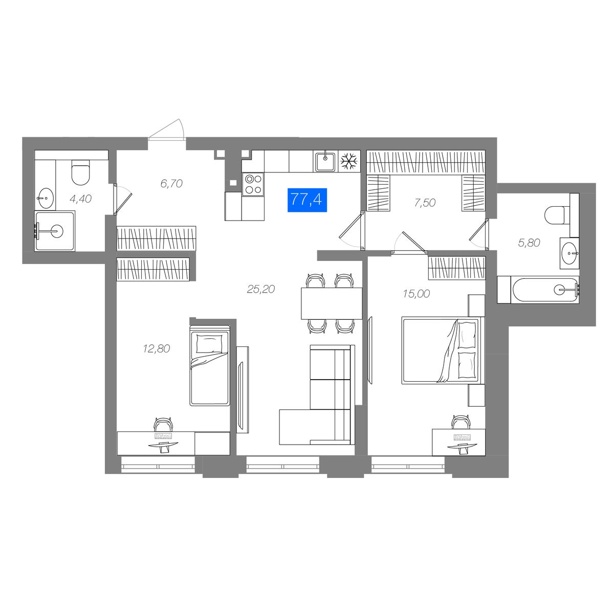 2-комнатная 77,4 м²
