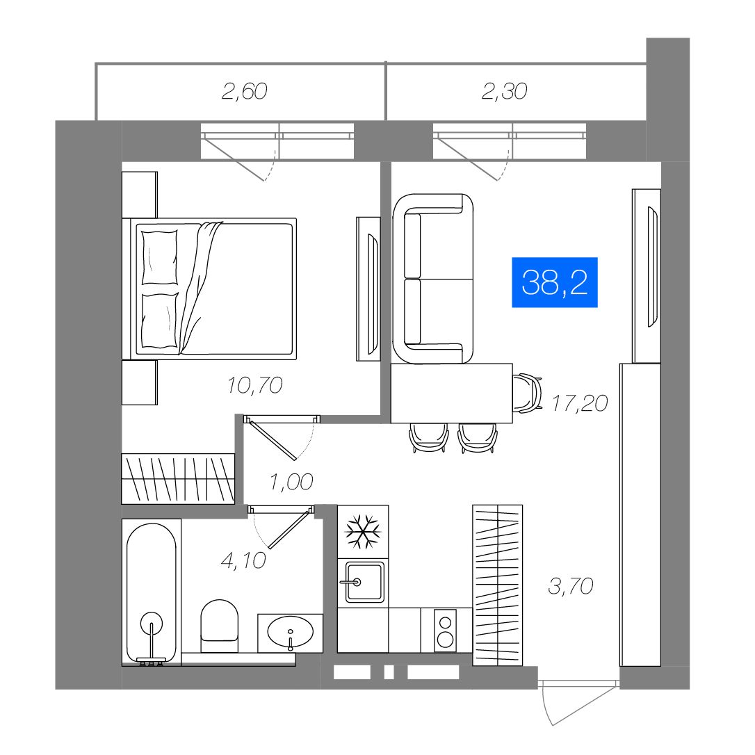 1-комнатная 38,2 м²