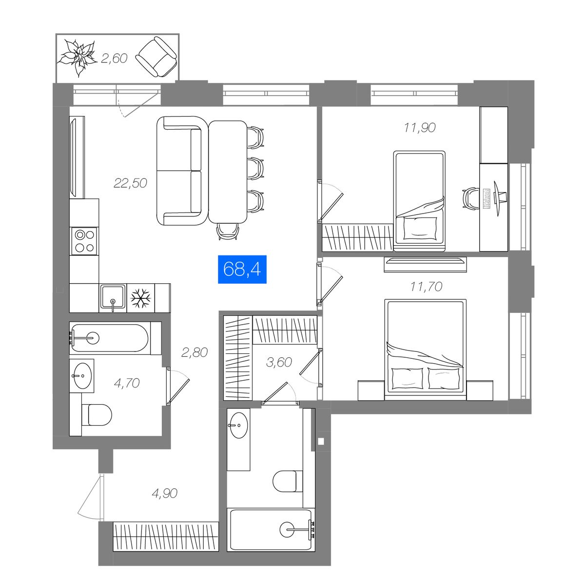 2-комнатная 68,4 м²
