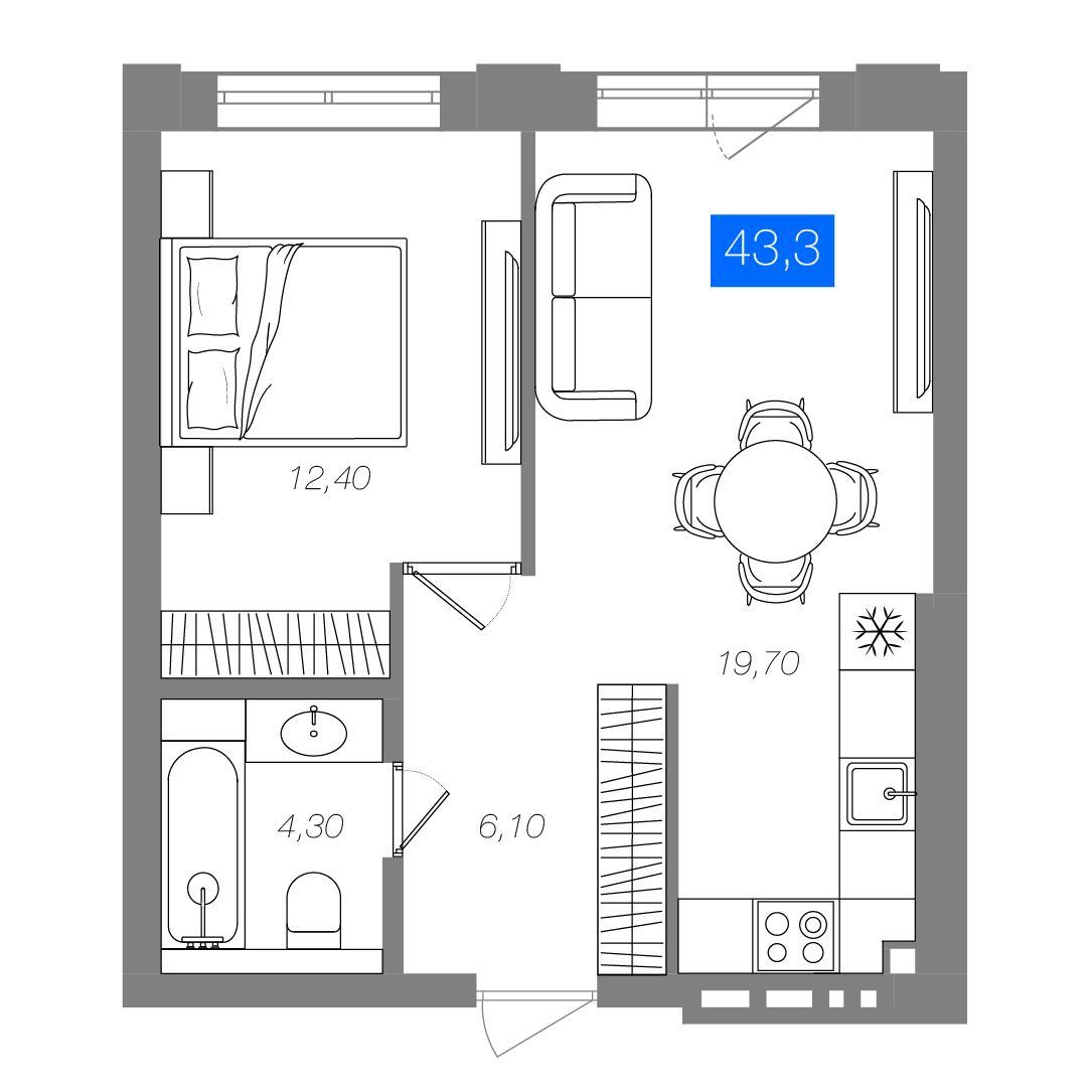 1-комнатная 43,3 м²