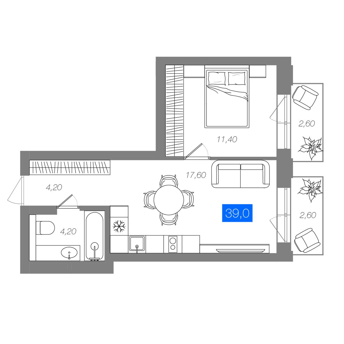 1-комнатная 39 м²