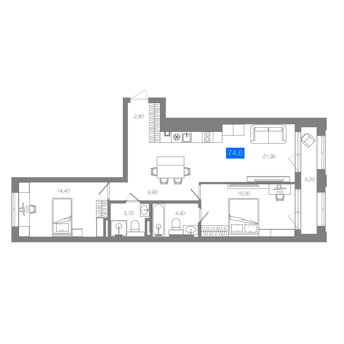 2-комнатная 74,6 м²