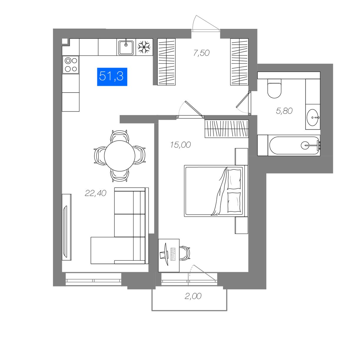 1-комнатная 51,3 м²