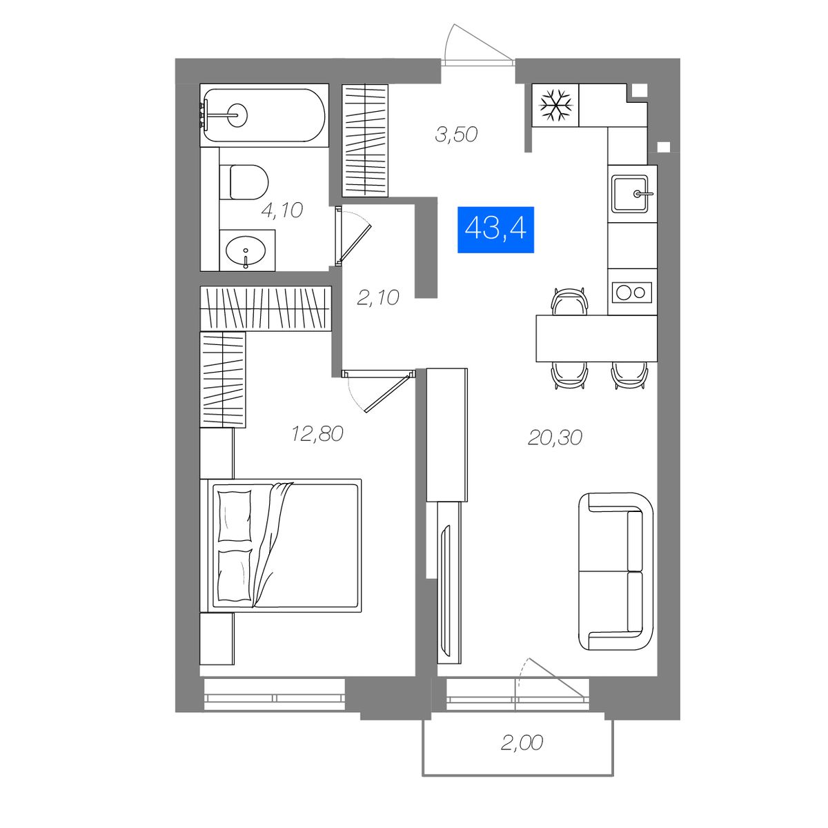 1-комнатная 43,4 м²