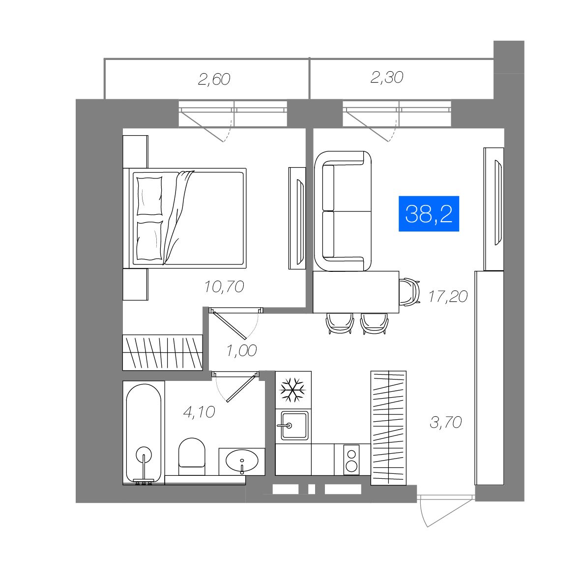 1-комнатная 38,2 м²