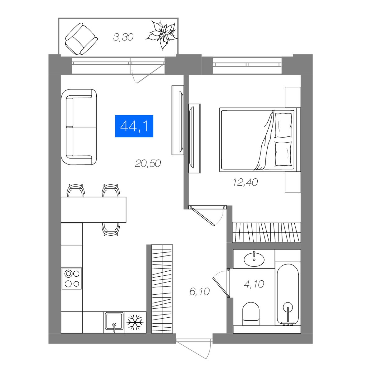 1-комнатная 44,1 м²
