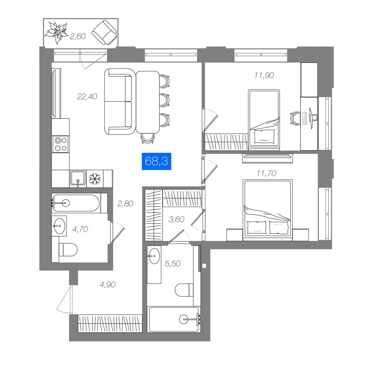 2-комнатная 68,3 м²