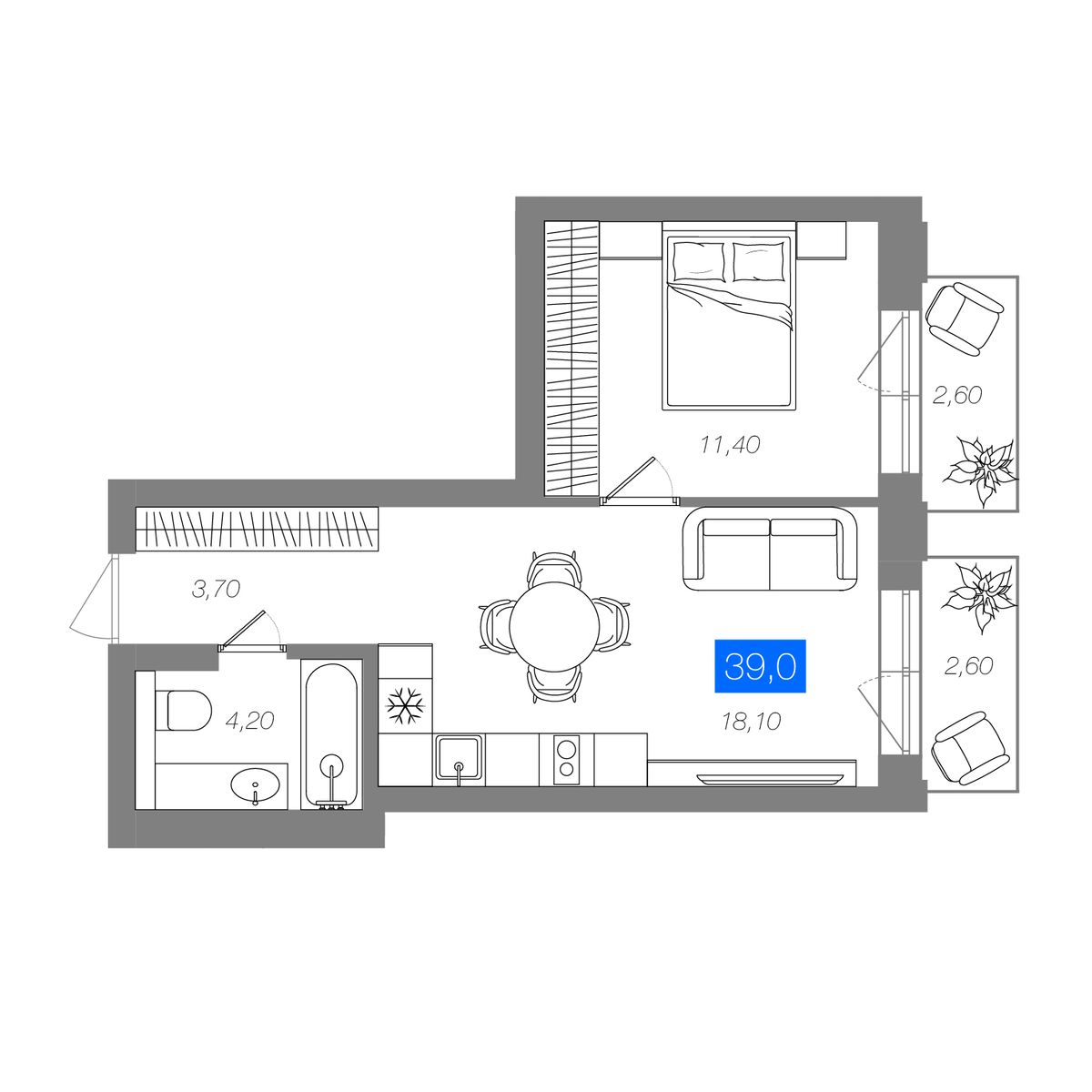 1-комнатная 39 м²