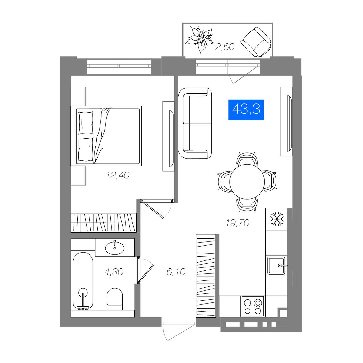 1-комнатная 43,3 м²