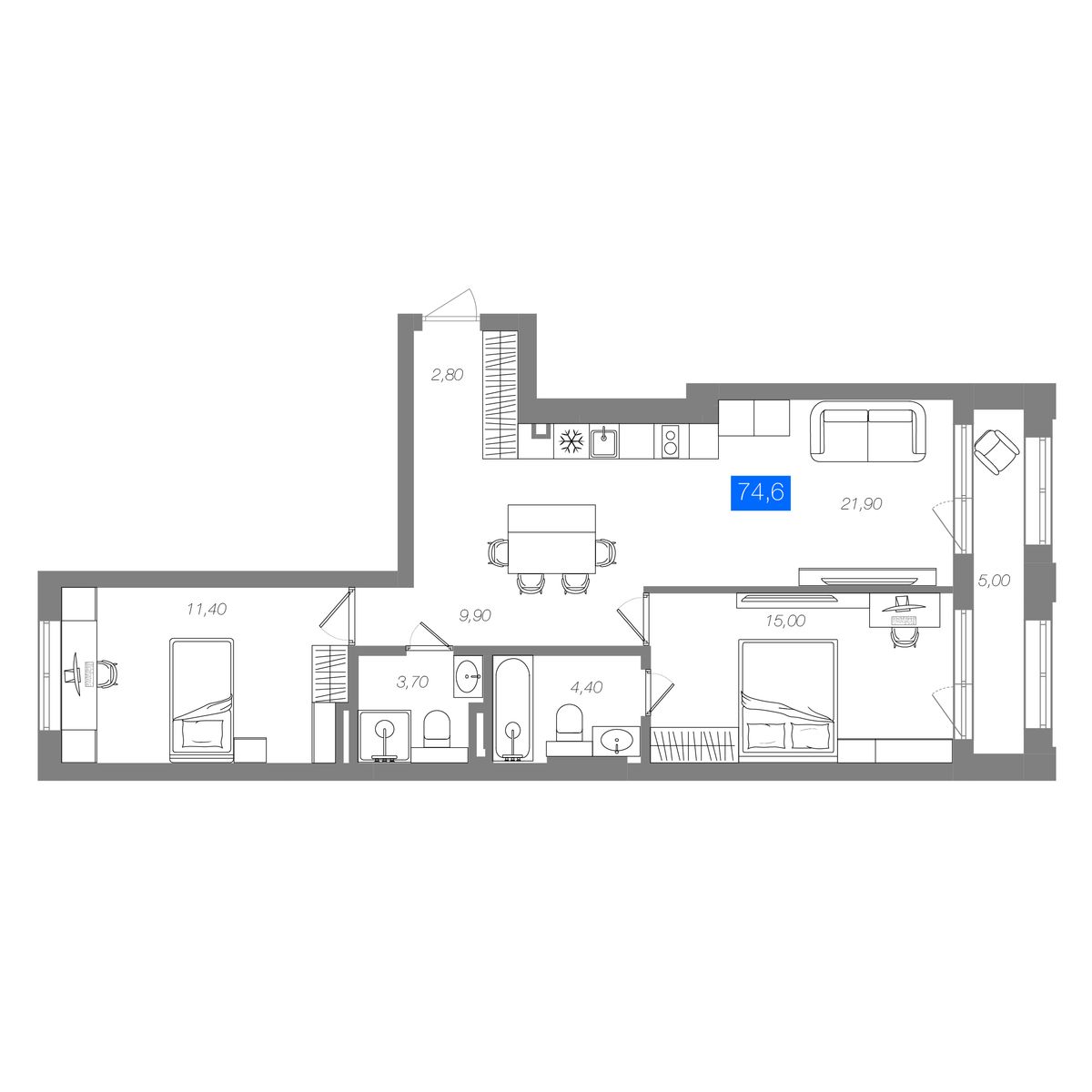 2-комнатная 74,6 м²