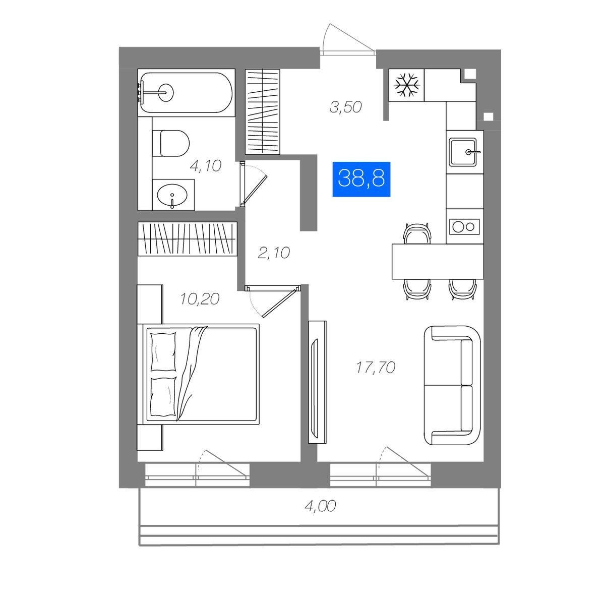 1-комнатная 38,8 м²