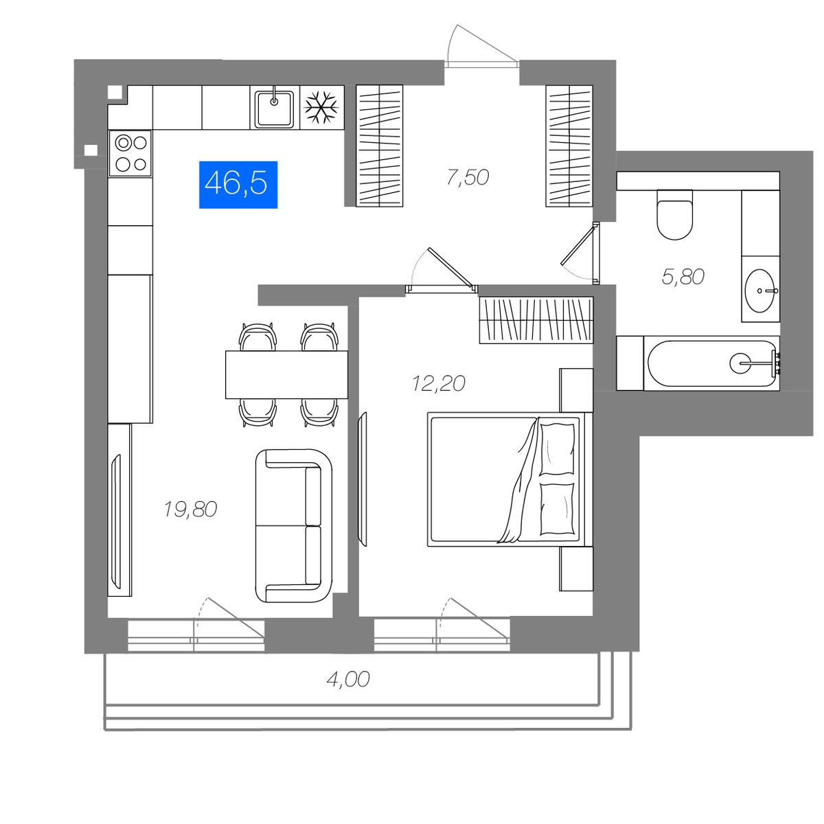 1-комнатная 46,5 м²