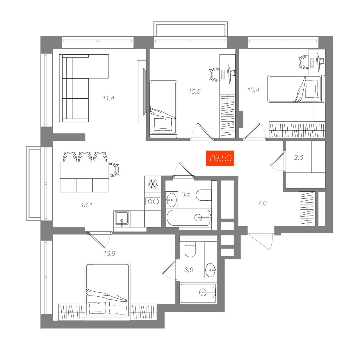 3-комнатная 79,5 м²