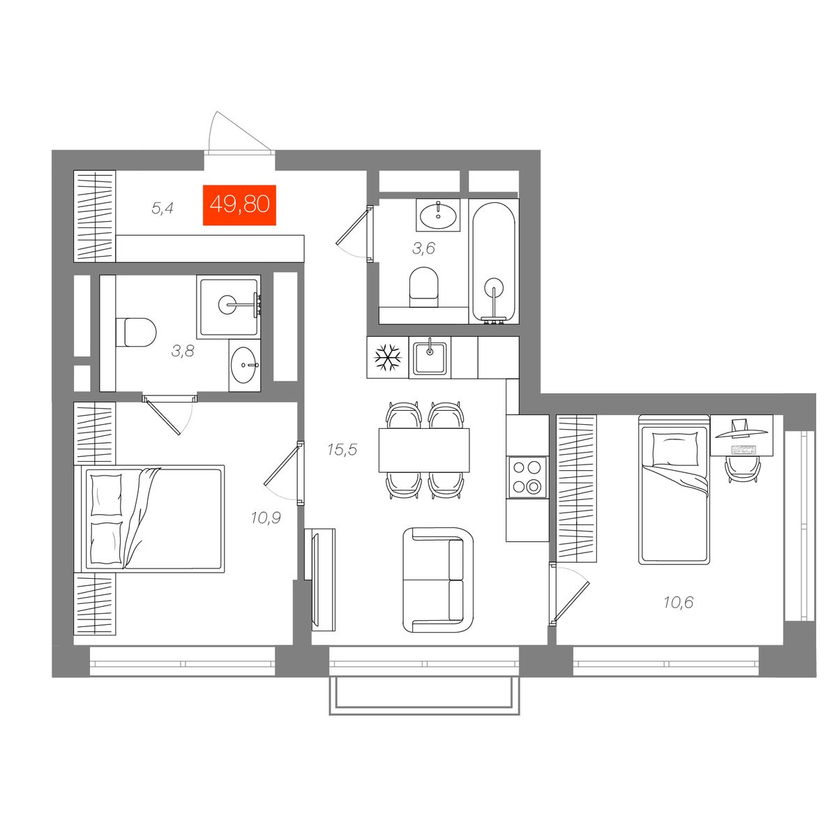 2-комнатная 49,8 м²
