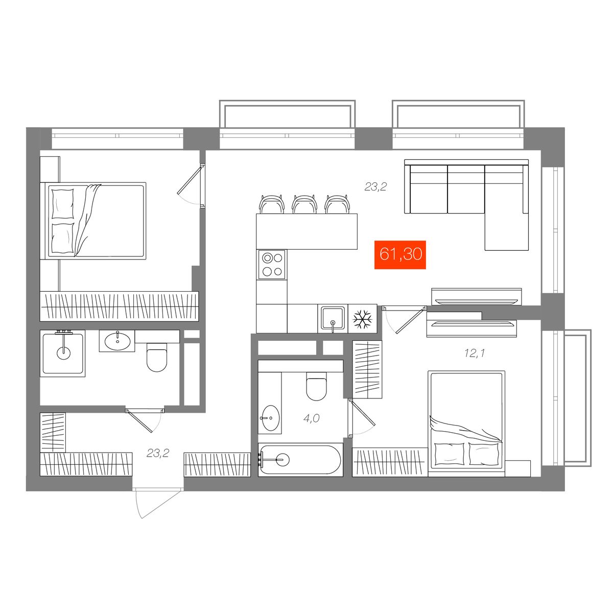 2-комнатная 61,3 м²