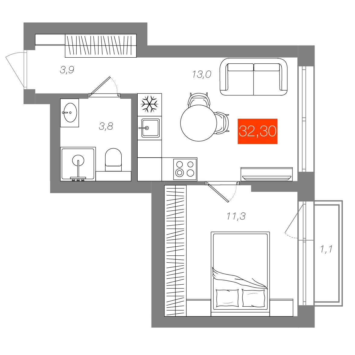 1-комнатная 32,3 м²