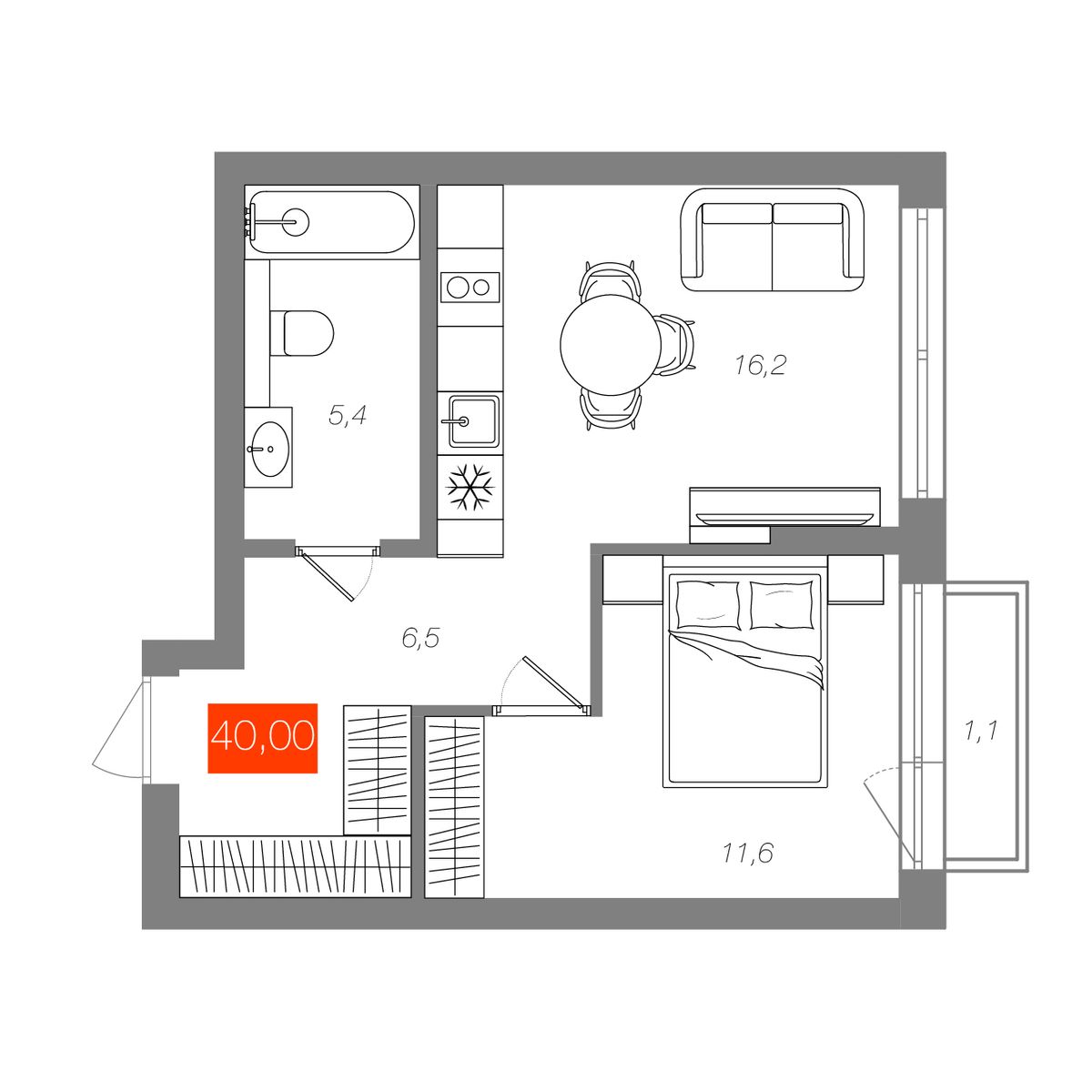 1-комнатная 40 м²