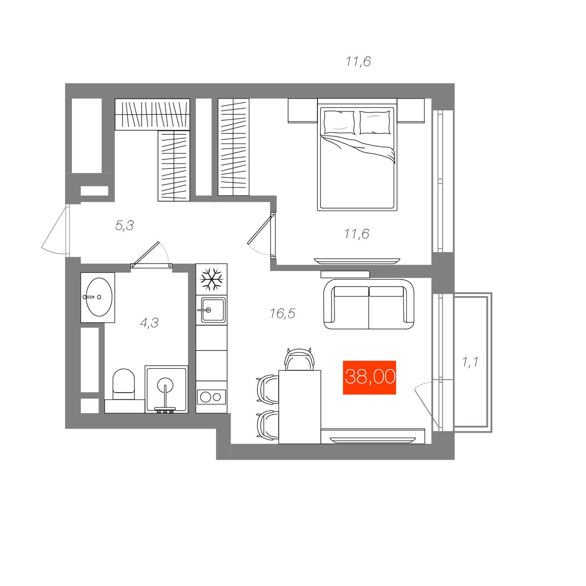 1-комнатная 38 м²