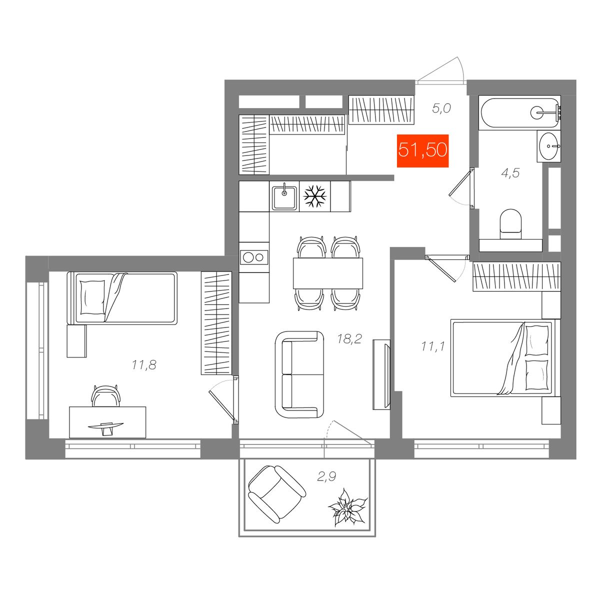 2-комнатная 51,5 м²