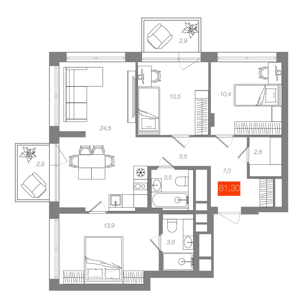 3-комнатная 81,3 м²