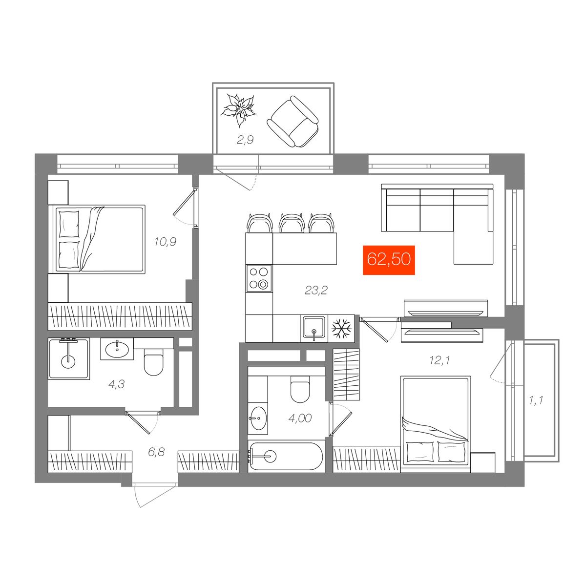 2-комнатная 62,5 м²