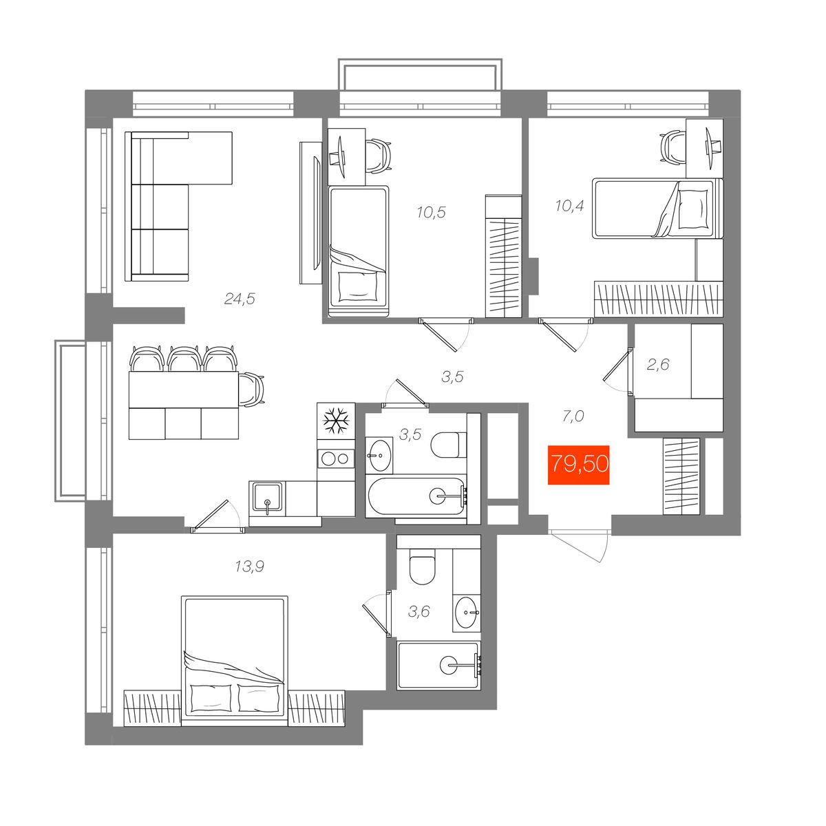 3-комнатная 79,5 м²